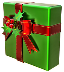 Image showing Christmas green gift with red ribbon and bow