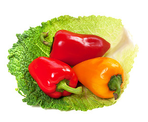 Image showing Red and yellow sweet peppers on leaf of savoy cabbage