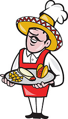 Image showing Mexican Chef Cook Plate Tacos Burrito Corn Chips