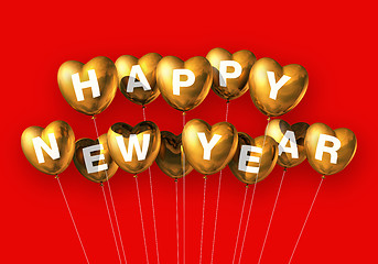Image showing gold happy new year heart shaped balloons