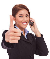 Image showing  woman with phone and thumbs up gesture