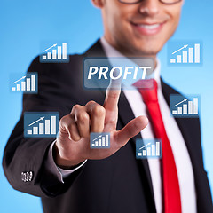 Image showing business man hand pressing profit button 