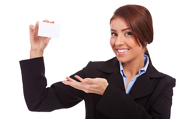 Image showing businesswoman showing blank business card