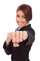 Image showing business woman on white getting into a fight