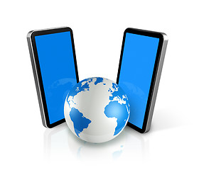 Image showing two mobile phones around a world globe