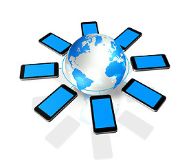 Image showing mobile phones around a world globe