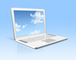 Image showing White laptop computer with sky screen isolated on blue