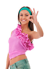 Image showing young sexy fashion model with ok gesture