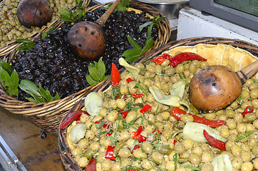 Image showing baskets of olives on the market