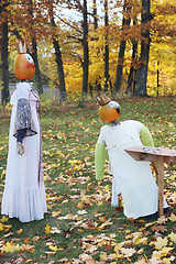 Image showing Pumpkin people outside during fall