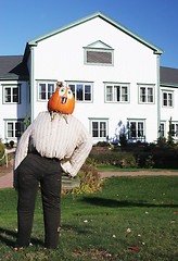 Image showing Pumpkin person in front of a house