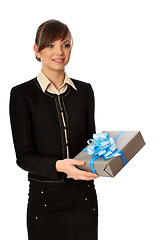 Image showing silver box with blue bow as a gift