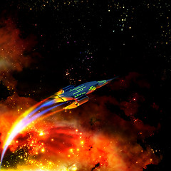 Image showing red-hot spaceship and nebula