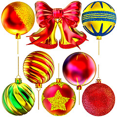 Image showing set of golden Christmas-tree bells and balls