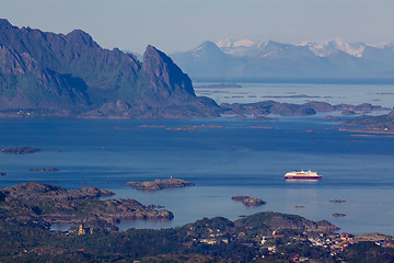 Image showing Cruise ship in fjord on Lofoten