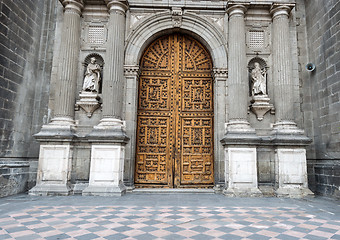 Image showing Historic wooden entrance doors to Metropolitan Cathedral in Mexi