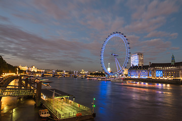 Image showing London Skyline at dusk from Westminster Bridge with illuminated 