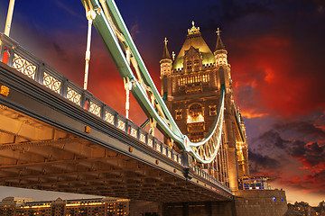 Image showing Famous Tower Bridge at night, seen from Tower of London Area, UK