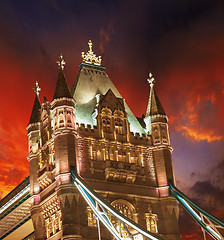 Image showing Lights and Colors of Tower Bridge at sunset with Clouds and sunr