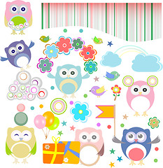 Image showing Birthday party elements with funny owls. Vector set