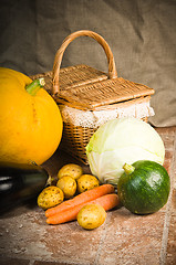 Image showing still life with vegetables and a basket 