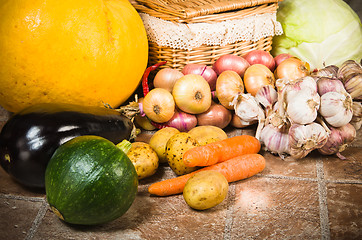 Image showing still life with vegetables and a basket 