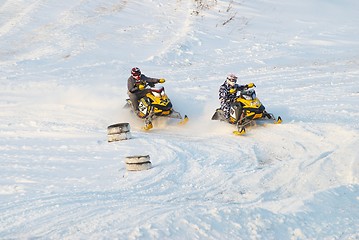 Image showing Sport snowmobile jump