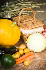 Image showing still life with vegetables and a basket 