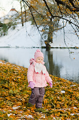 Image showing A little girl walks in autumn Park 