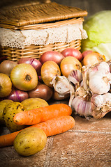 Image showing still life with vegetables and a basket 