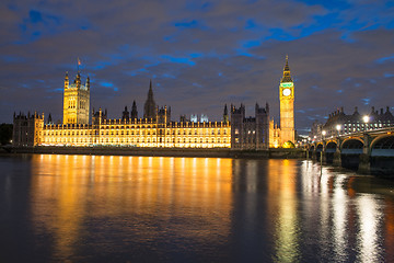 Image showing Lights of Houses of Parliament and Big Ben at Dusk, front view -