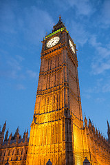 Image showing Lights of Big Ben at Dusk with blurred moving cloud - London