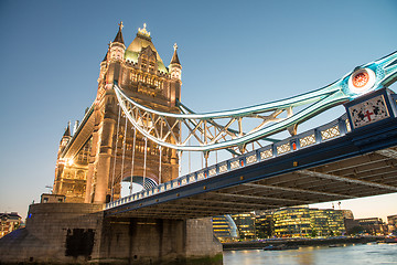 Image showing Wonderful colors and lights of Tower Bridge at Dusk - London