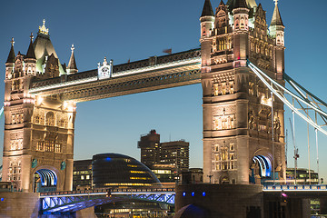 Image showing Lights and Colors of Tower Bridge from St Katharine Docks at Nig