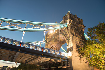 Image showing Wonderful colors and lights of Tower Bridge at Dusk - London