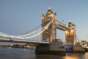 Image showing Famous Tower Bridge at night, seen from Tower of London Area, UK