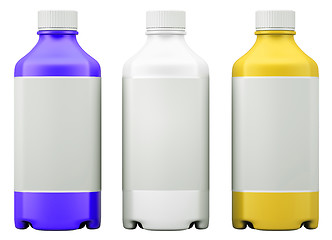 Image showing Three colorful  bottles for chemicals or drugs isolated 