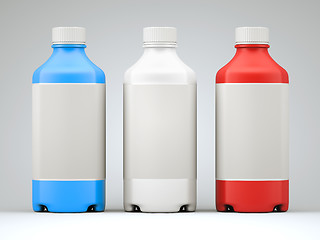 Image showing Three colorful  bottles for chemicals or drugs 