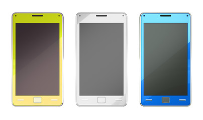 Image showing Smart phones in yellow blue and white colours 