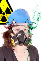 Image showing woman with safety protection, gas mask and helmet