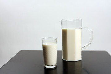 Image showing Glass full of milk and milk jar, healthy drink