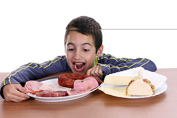 Image showing hungry boy for cheese and sausage, food photo