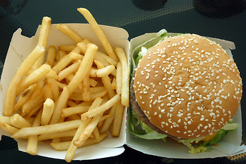 Image showing Tasty hamburger with fries, unhealthy food, health concept