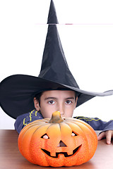 Image showing big pumpkin with black witch wizard halloween (focus on the pump