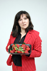 Image showing beautiful woman with beautiful red strawberries, healthy food