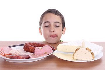 Image showing hungry boy for cheese and sausage, food photo