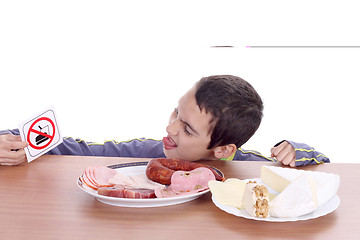 Image showing hungry boy for cheese and sausage, food photo