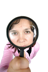 Image showing Young businesswoman holding Magnifying Glass, business photo