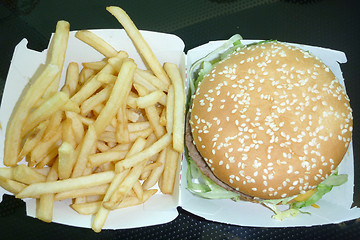 Image showing Tasty hamburger with fries, unhealthy food, health concept