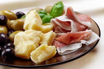 Image showing Plate of cheese and meat
